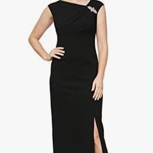 Black Sleeveless Formal Dress with Crystal Embellishment at Shoulder and Slit